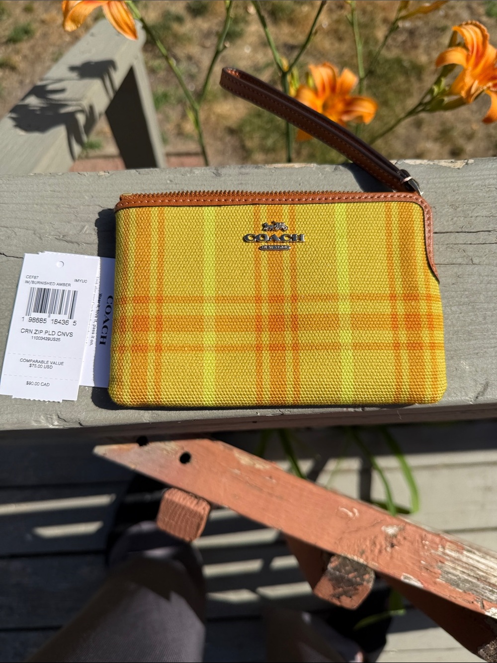 Coach Yellow Plaid Zip Pouch Wristlet Nwt
